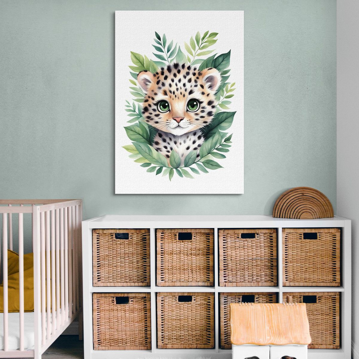 Decorazione Per Nursery Quadro Per Bimba Cucciolo Di Leopardo Tra Foglie Verdi banb18 quadro stampa su tela