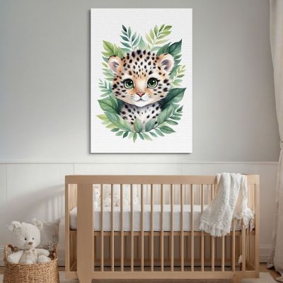 Decorazione Per Nursery Quadro Per Bimba Cucciolo Di Leopardo Tra Foglie Verdi banb18 quadro stampa su tela