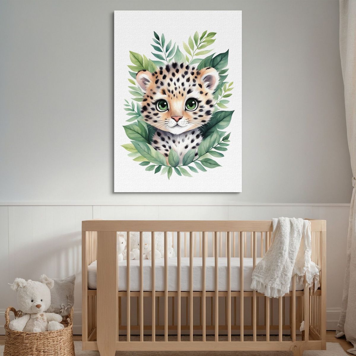 Decorazione Per Nursery Quadro Per Bimba Cucciolo Di Leopardo Tra Foglie Verdi banb18 quadro stampa su tela