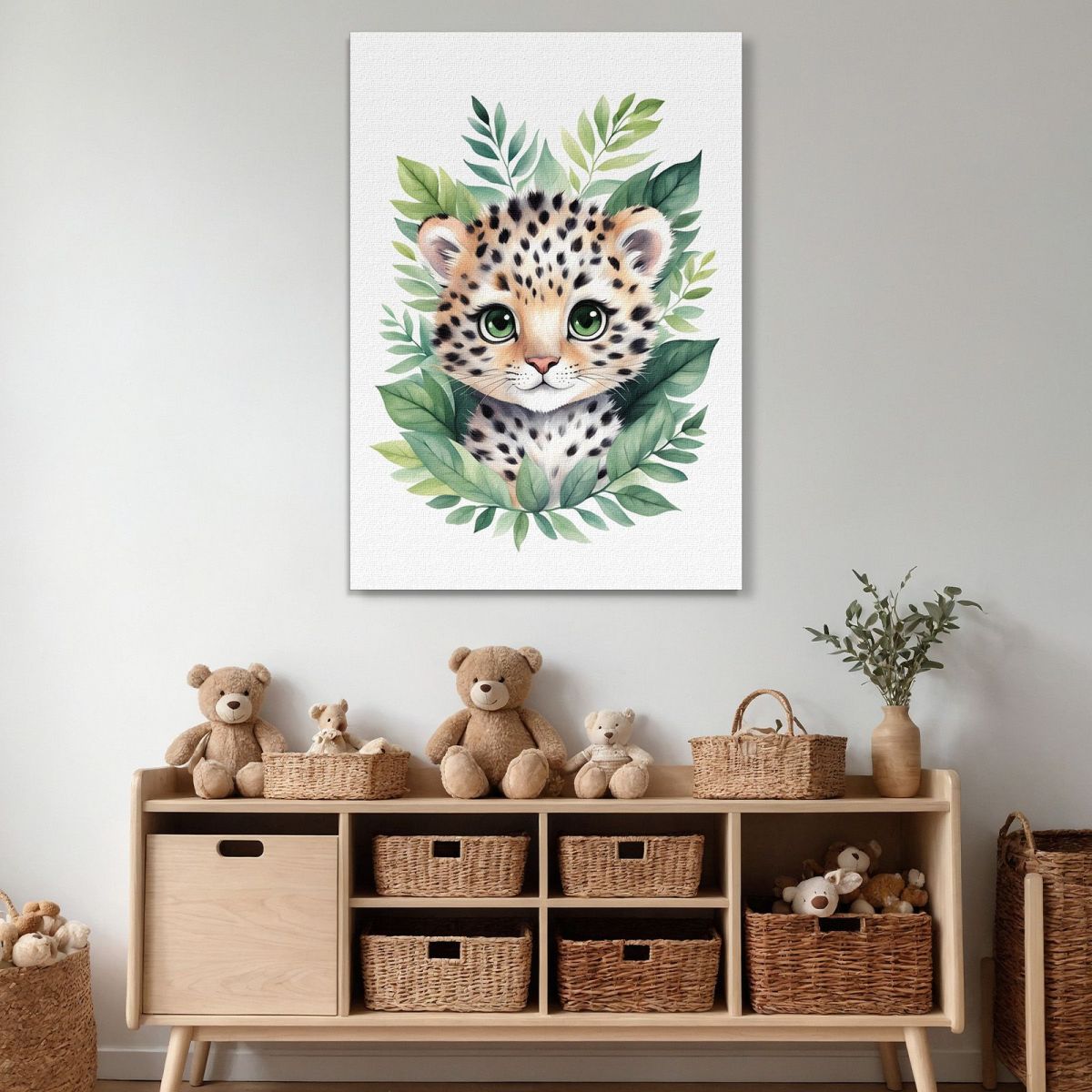 Decorazione Per Nursery Quadro Per Bimba Cucciolo Di Leopardo Tra Foglie Verdi banb18 quadro stampa su tela