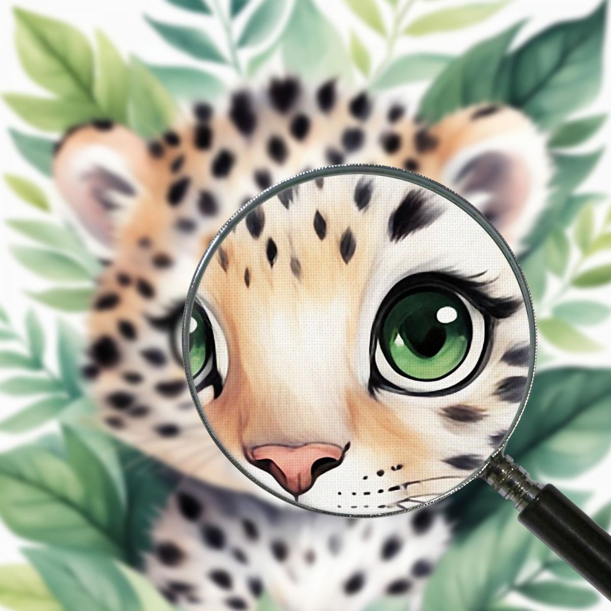 Decorazione Per Nursery Quadro Per Bimba Cucciolo Di Leopardo Tra Foglie Verdi banb18 quadro stampa su tela