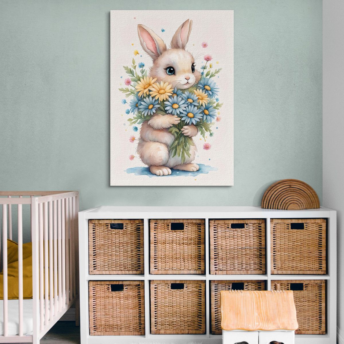 Quadro Per Nursery Decorazione Per Cameretta Coniglietto Con Margherite E Fiori Colorati banb20 quadro stampa su tela