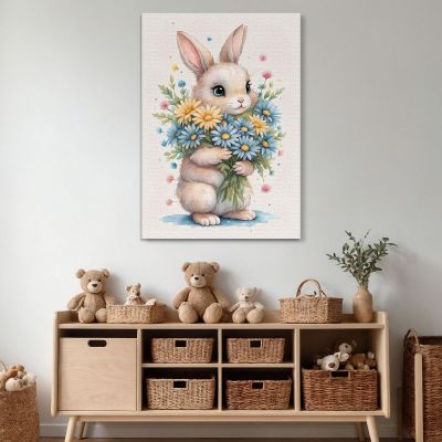 Quadro Per Nursery Decorazione Per Cameretta Coniglietto Con Margherite E Fiori Colorati banb20 quadro stampa su tela