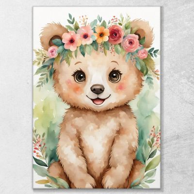 Decorazione Per Cameretta Quadro Per Bimbo Orso Con Coroncina E Foglie banb24 quadro stampa su tela