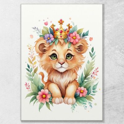 Tableau Pour Chambre D'Enfant, Décoration Fille, Lionceau Avec Couronne Colorée , banb26 tableau impression sur toile