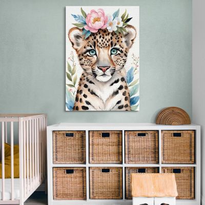 Quadro Decorativo Per Nursery E Cameretta Leopardo Con Coroncina E Occhi Blu banb28 quadro stampa su tela