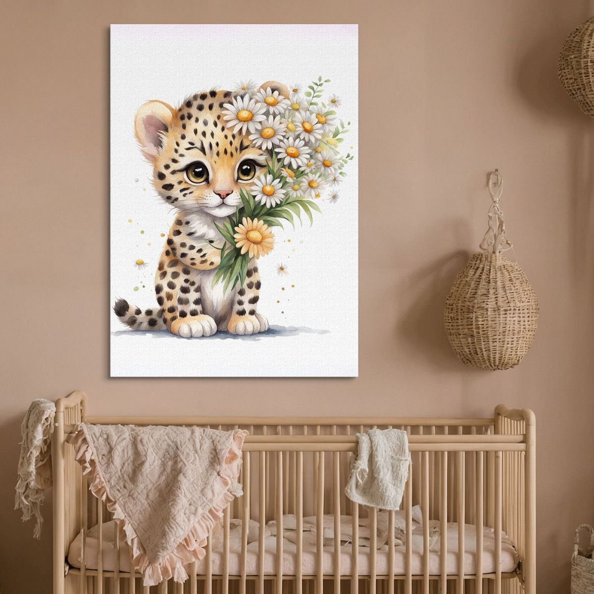 Decorazione Nursery Quadro Per Bimbo E Bimba Cucciolo Di Leopardo Con Margherite banb30 quadro stampa su tela