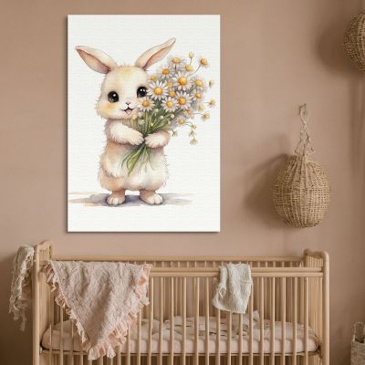 Quadro Per Cameretta Bimbo Cucciolo Di Coniglio Con Fiori Bianchi E Gialli banb35 quadro stampa su tela