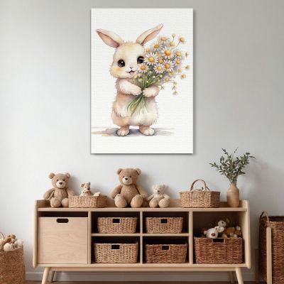 Quadro Per Cameretta Bimbo Cucciolo Di Coniglio Con Fiori Bianchi E Gialli banb35 quadro stampa su tela