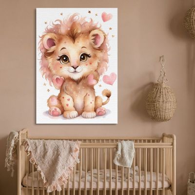 Decorazione Per Cameretta Quadro Per Bimbo Leone Cucciolo Con Cuori Rosa banb37 quadro stampa su tela