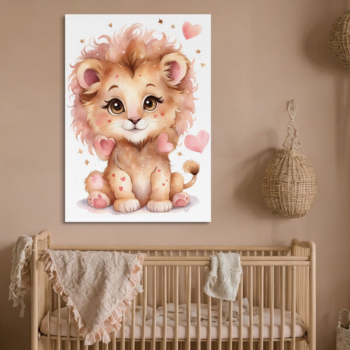 Decorazione Per Cameretta Quadro Per Bimbo Leone Cucciolo Con Cuori Rosa banb37 quadro stampa su tela