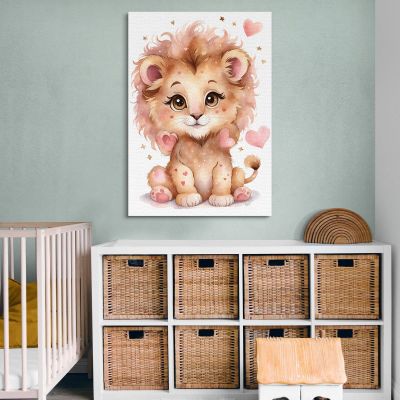 Decorazione Per Cameretta Quadro Per Bimbo Leone Cucciolo Con Cuori Rosa banb37 quadro stampa su tela