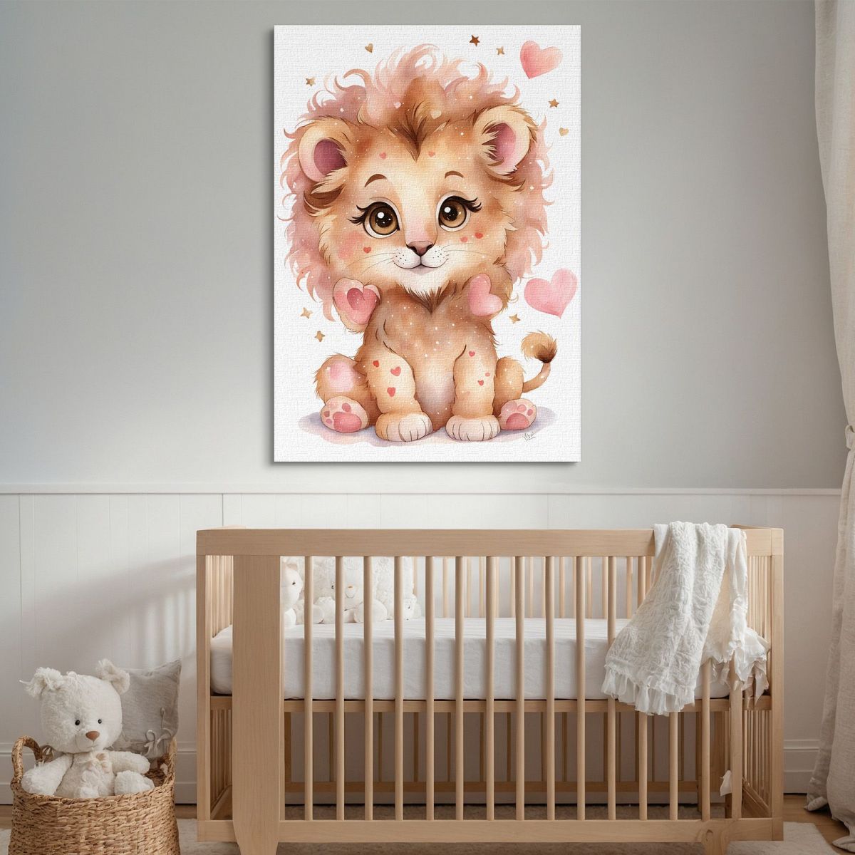 Decorazione Per Cameretta Quadro Per Bimbo Leone Cucciolo Con Cuori Rosa banb37 quadro stampa su tela