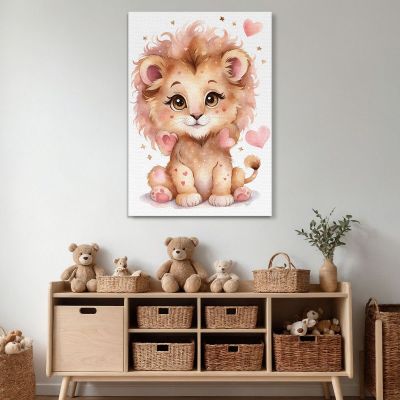 Decorazione Per Cameretta Quadro Per Bimbo Leone Cucciolo Con Cuori Rosa banb37 quadro stampa su tela