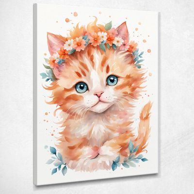 Quadro Per Cameretta Del Neonato Gattino Con Coroncina Di Fiori Arancioni banb38 quadro stampa su tela