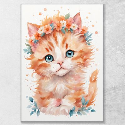 Quadro Per Cameretta Del Neonato Gattino Con Coroncina Di Fiori Arancioni banb38 quadro stampa su tela
