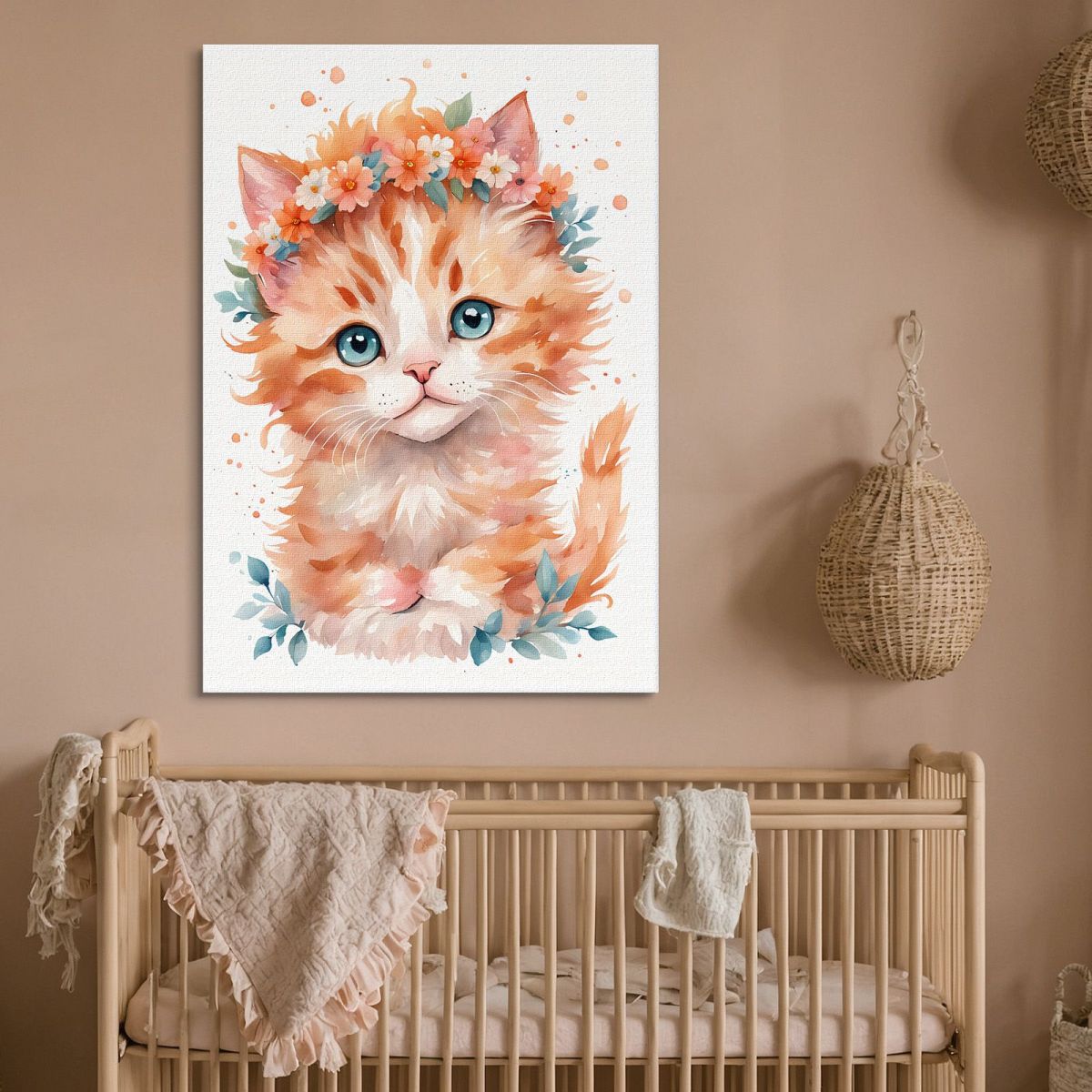 Quadro Per Cameretta Del Neonato Gattino Con Coroncina Di Fiori Arancioni banb38 quadro stampa su tela