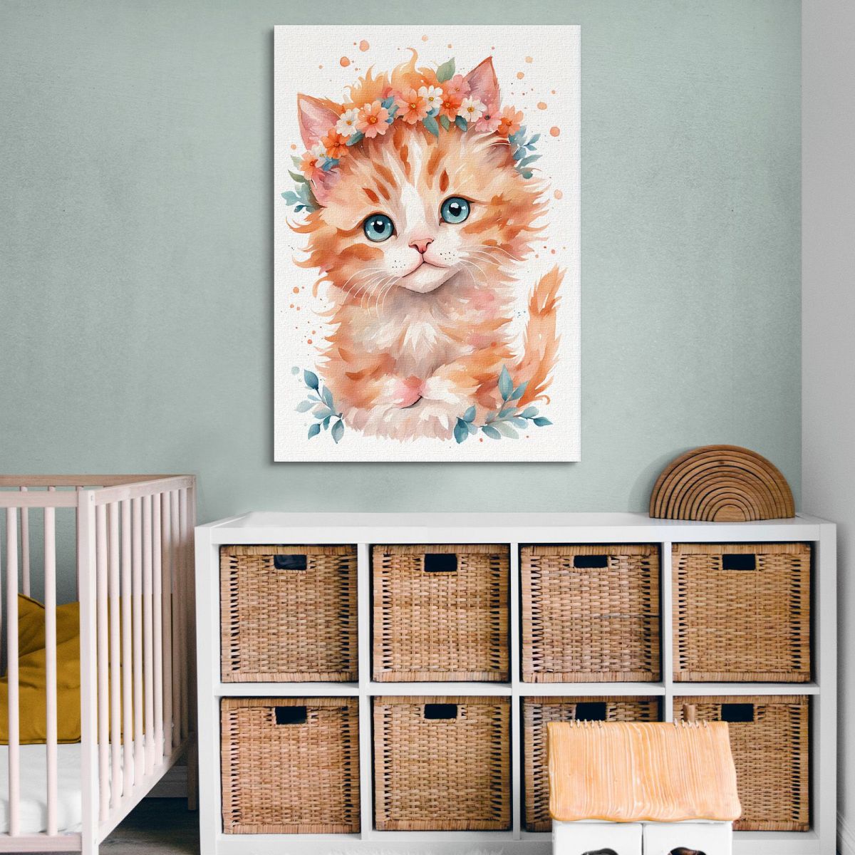 Quadro Per Cameretta Del Neonato Gattino Con Coroncina Di Fiori Arancioni banb38 quadro stampa su tela