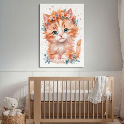 Quadro Per Cameretta Del Neonato Gattino Con Coroncina Di Fiori Arancioni banb38 quadro stampa su tela