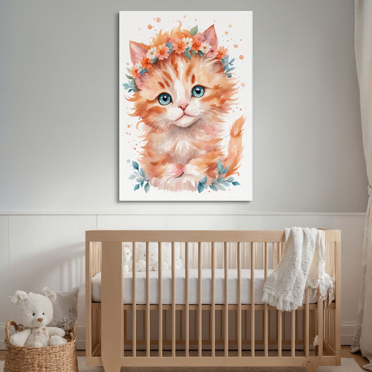 Quadro Per Cameretta Del Neonato Gattino Con Coroncina Di Fiori Arancioni banb38 quadro stampa su tela