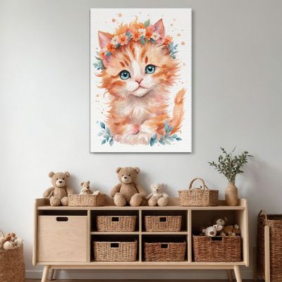 Quadro Per Cameretta Del Neonato Gattino Con Coroncina Di Fiori Arancioni banb38 quadro stampa su tela