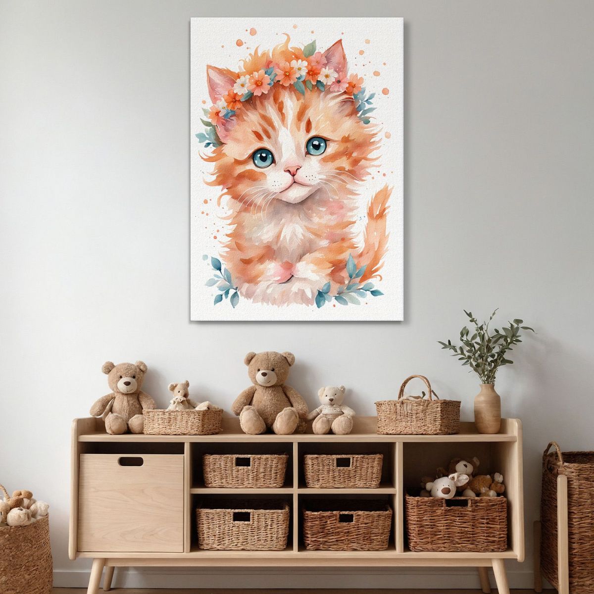 Quadro Per Cameretta Del Neonato Gattino Con Coroncina Di Fiori Arancioni banb38 quadro stampa su tela