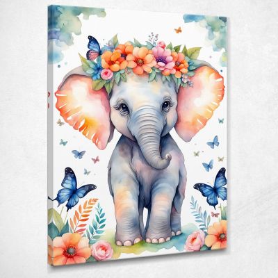 Quadro Per Nursery Decorazione Bimba Cucciolo Di Elefante Con Fiori E Farfalle banb39 quadro stampa su tela