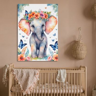 Quadro Per Nursery Decorazione Bimba Cucciolo Di Elefante Con Fiori E Farfalle banb39 quadro stampa su tela