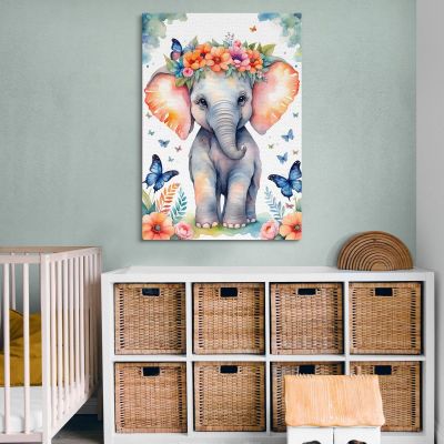 Quadro Per Nursery Decorazione Bimba Cucciolo Di Elefante Con Fiori E Farfalle banb39 quadro stampa su tela