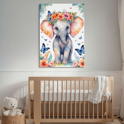 Quadro Per Nursery Decorazione Bimba Cucciolo Di Elefante Con Fiori E Farfalle banb39 quadro stampa su tela