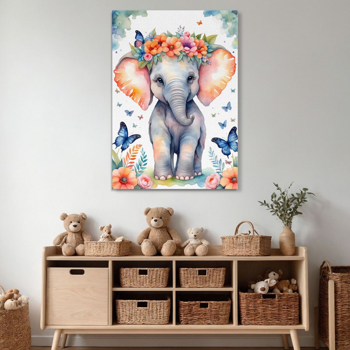 Quadro Per Nursery Decorazione Bimba Cucciolo Di Elefante Con Fiori E Farfalle banb39 quadro stampa su tela