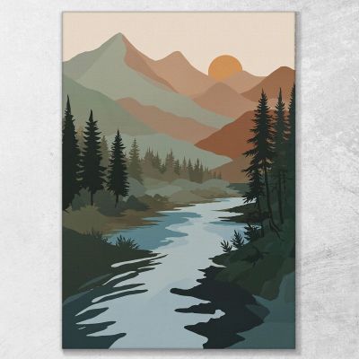 Pintura Minimalista Boho Chic Naturaleza Serena Con Río Y Sol Poniente , bho20 cuadro en lienzo