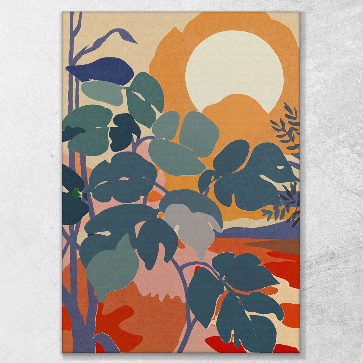 Quadro Boho Chic Minimal Paesaggio Tropicale Con Foglie Verdi E Sole Arancione bho27 quadro stampa su tela