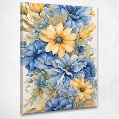 Quadro Botanico Moderno Bouquet Di Fiori Blu E Gialli In Acquerello btn4 quadro stampa su tela