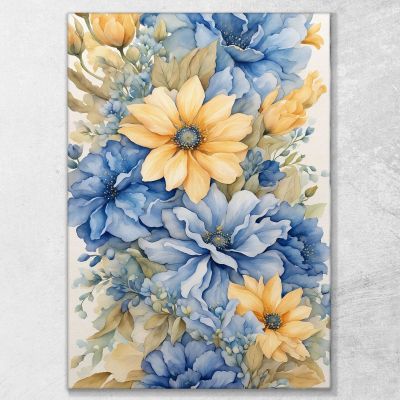 Quadro Botanico Moderno Bouquet Di Fiori Blu E Gialli In Acquerello btn4 quadro stampa su tela