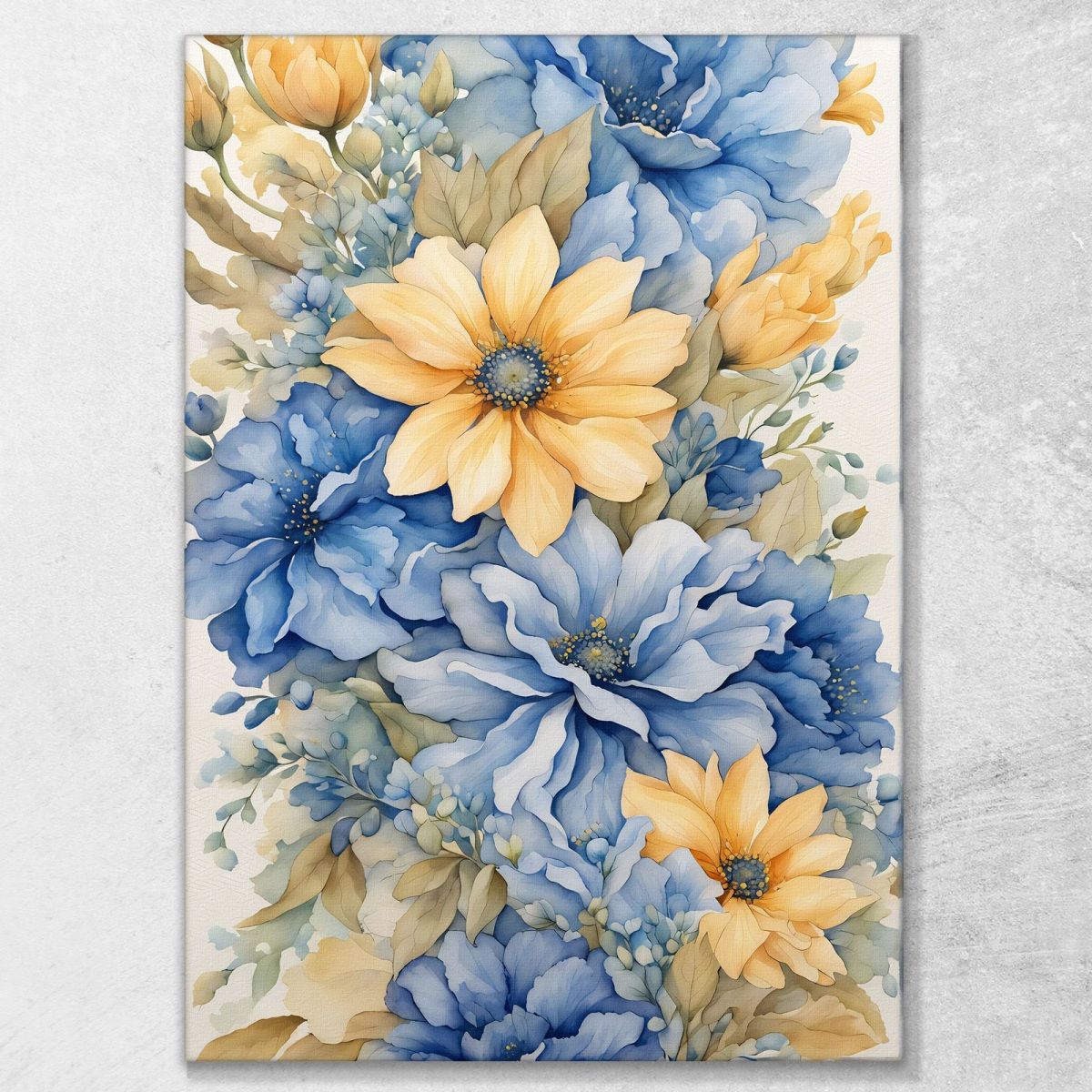 Quadro Botanico Moderno Bouquet Di Fiori Blu E Gialli In Acquerello btn4 quadro stampa su tela