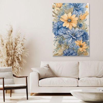 Quadro Botanico Moderno Bouquet Di Fiori Blu E Gialli In Acquerello btn4 quadro stampa su tela