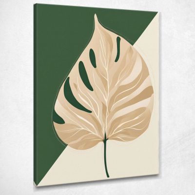 Quadro Botanico Moderno Composizione Minimalista Foglia Solitaria Verde E Beige btn9 quadro stampa su tela