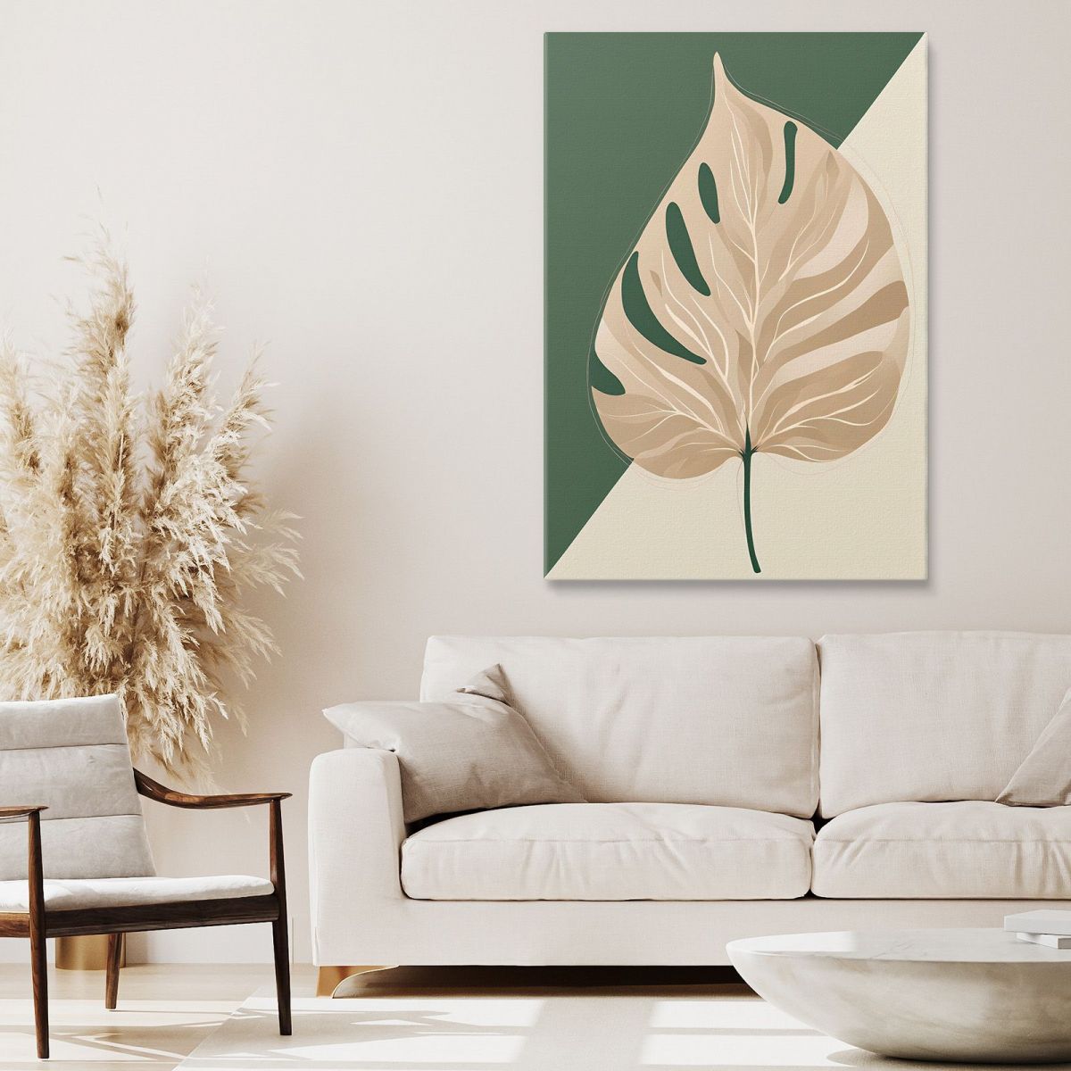 Quadro Botanico Moderno Composizione Minimalista Foglia Solitaria Verde E Beige btn9 quadro stampa su tela