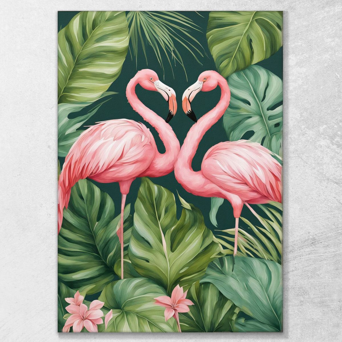 Quadro Botanico Moderno Coppia Di Fenicotteri Innamorati Tra Foglie Verdi Che Formano Un Cuore btn10 quadro stampa su tela