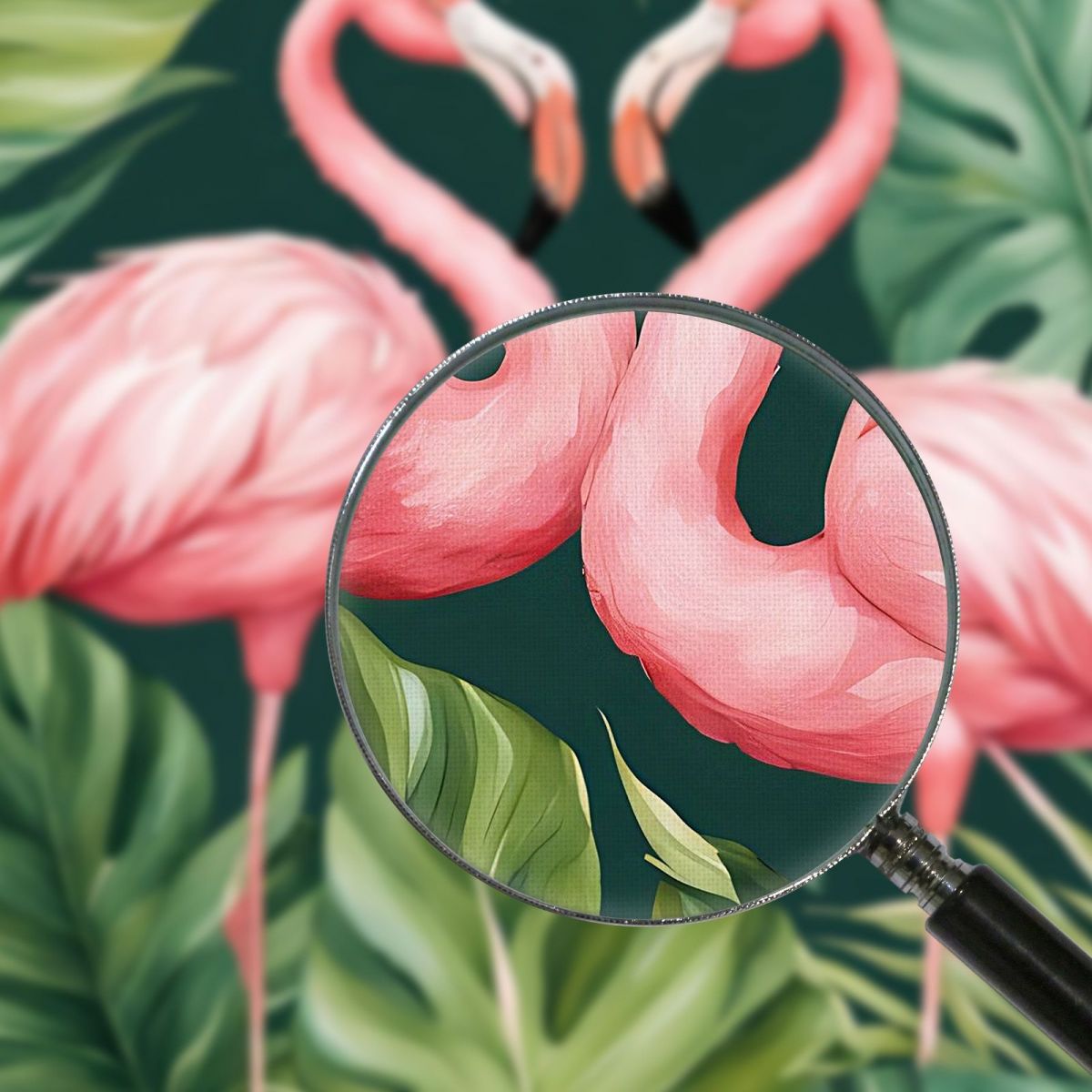 Quadro Botanico Moderno Coppia Di Fenicotteri Innamorati Tra Foglie Verdi Che Formano Un Cuore btn10 quadro stampa su tela