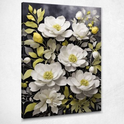 Quadro Botanico Moderno Eleganza Di Fiori Bianchi Su Sfondo Scuro btn15 quadro stampa su tela