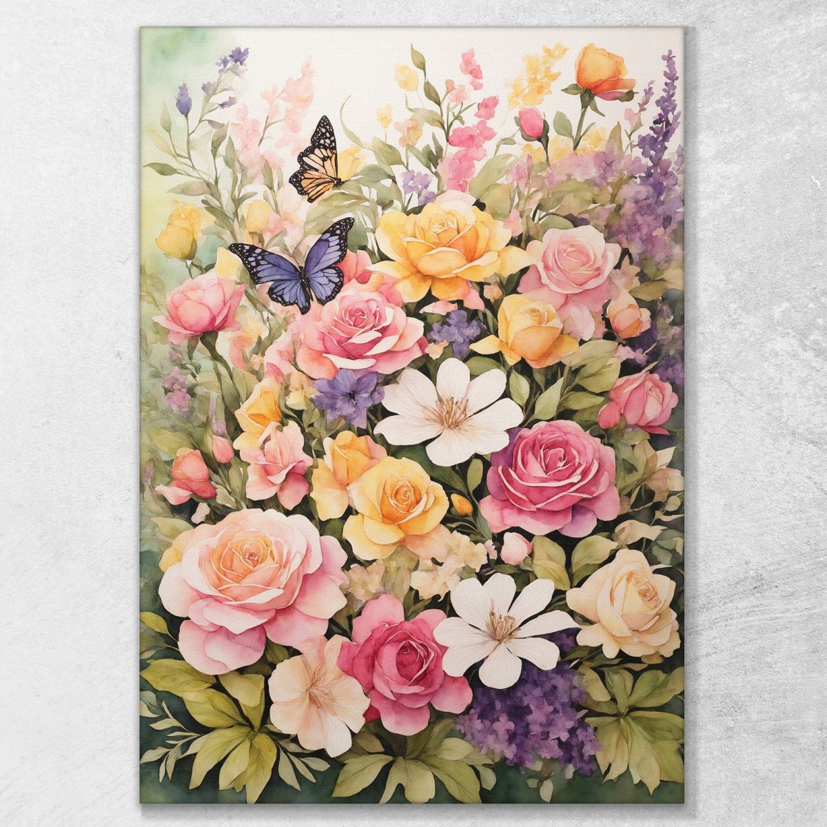 Quadro Botanico Moderno Fiori Colorati E Farfalle In Un Giardino Acquerellato btn16 quadro stampa su tela