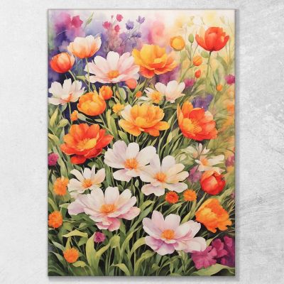 Quadro Botanico Moderno Giardino Di Fiori Acquerellati In Colori Vivaci btn27 quadro stampa su tela