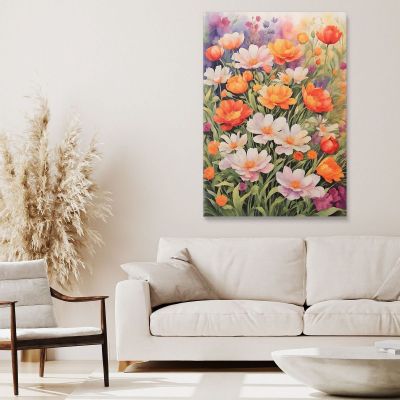 Quadro Botanico Moderno Giardino Di Fiori Acquerellati In Colori Vivaci btn27 quadro stampa su tela