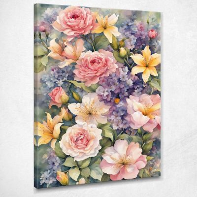 Quadro Botanico Moderno Giardino Fiorito Acquerello Con Rose E Gigli btn28 quadro stampa su tela