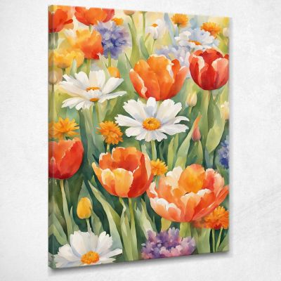 Quadro Botanico Moderno Giardino Fiorito Acquerello Con Tulipani E Margherite btn29 quadro stampa su tela