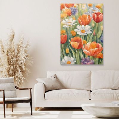 Quadro Botanico Moderno Giardino Fiorito Acquerello Con Tulipani E Margherite btn29 quadro stampa su tela