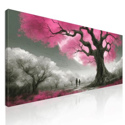 Quadro Botanico Albero Con Fiori Rosa E Coppia Al Tramonto bow1 quadro stampa su tela