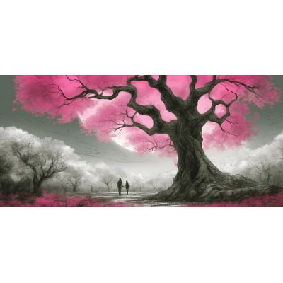 Quadro Botanico Albero Con Fiori Rosa E Coppia Al Tramonto bow1 quadro stampa su tela